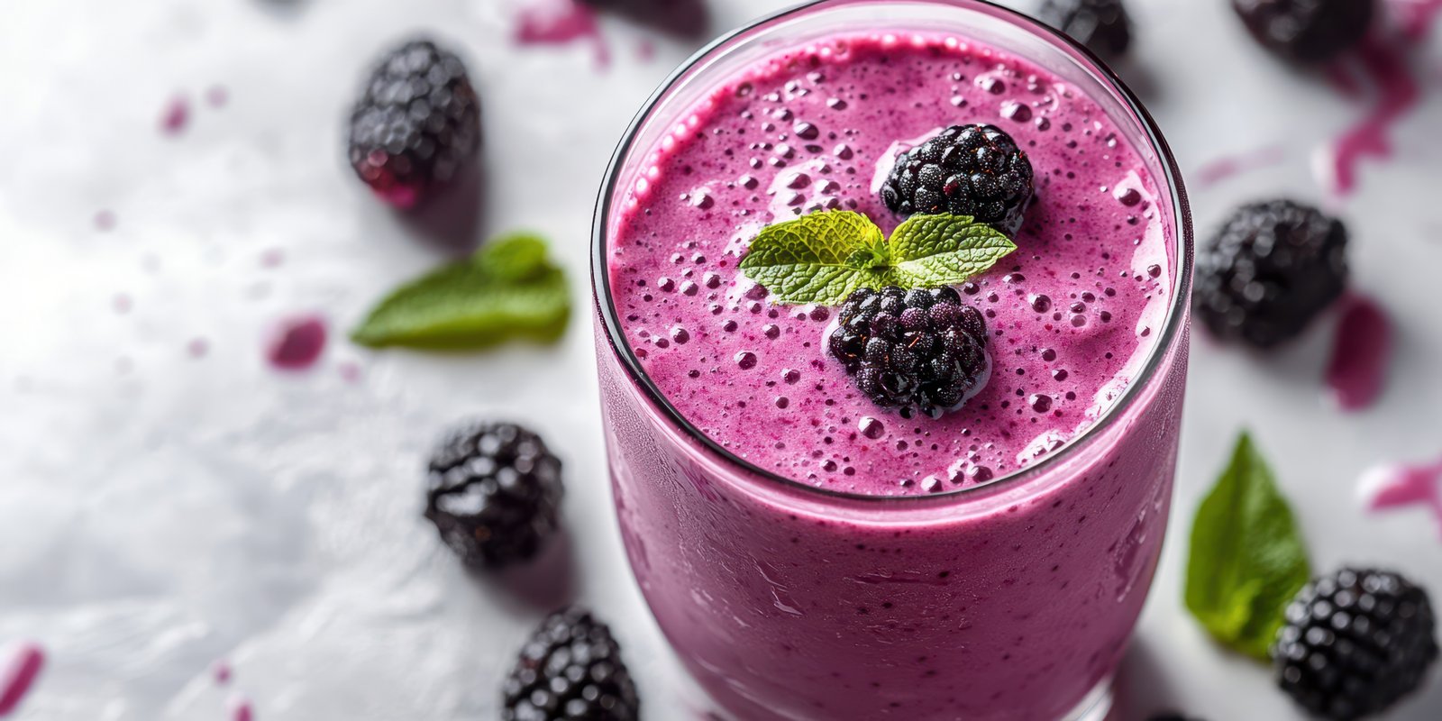 Refreshing blackberry smoothie served in a clear glass with mint leaves garnished on top in a bright kitchen setting